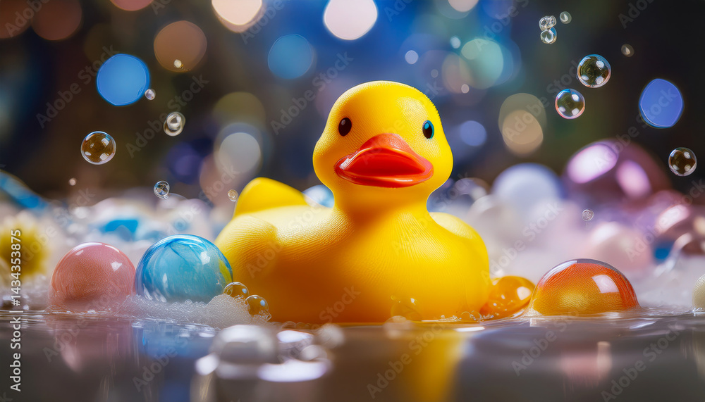 A cute yellow rubber duck floats in a bubbly bathtub, surrounded by vibrant bubbles, evoking a playful atmosphere. A cute yellow rubber duck floats in a bubbly bathtub, surrounded by vibrant bubbles, evoking a playful atmosphere.