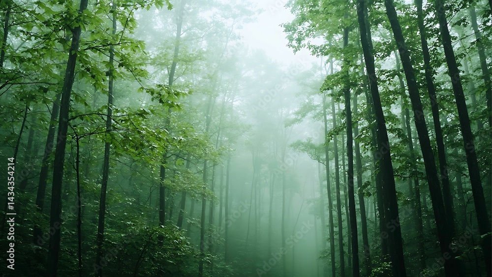 Obraz premium Mystical forest scene with trees enveloped in a soft mist