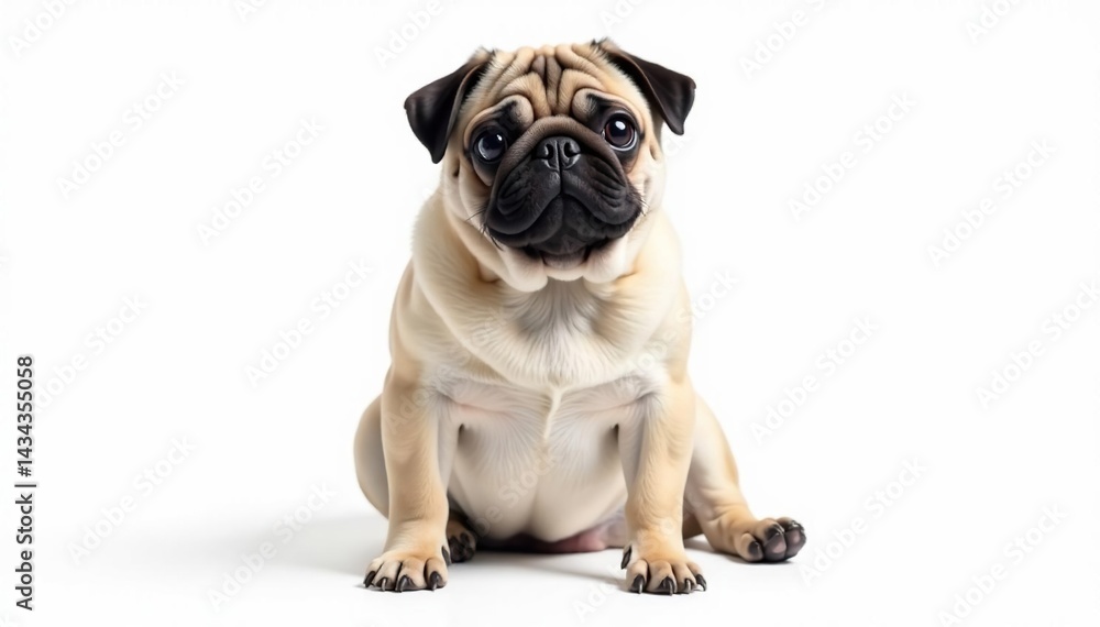Obraz premium Adorable pug dog sitting, isolated on white background, pet, image