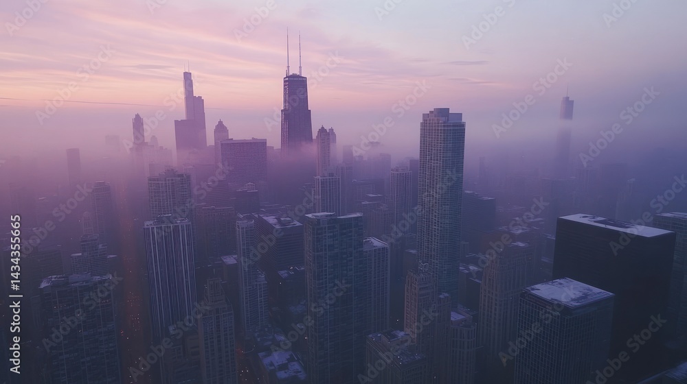 Fototapeta premium Foggy Chicago sunrise, aerial city view, winter