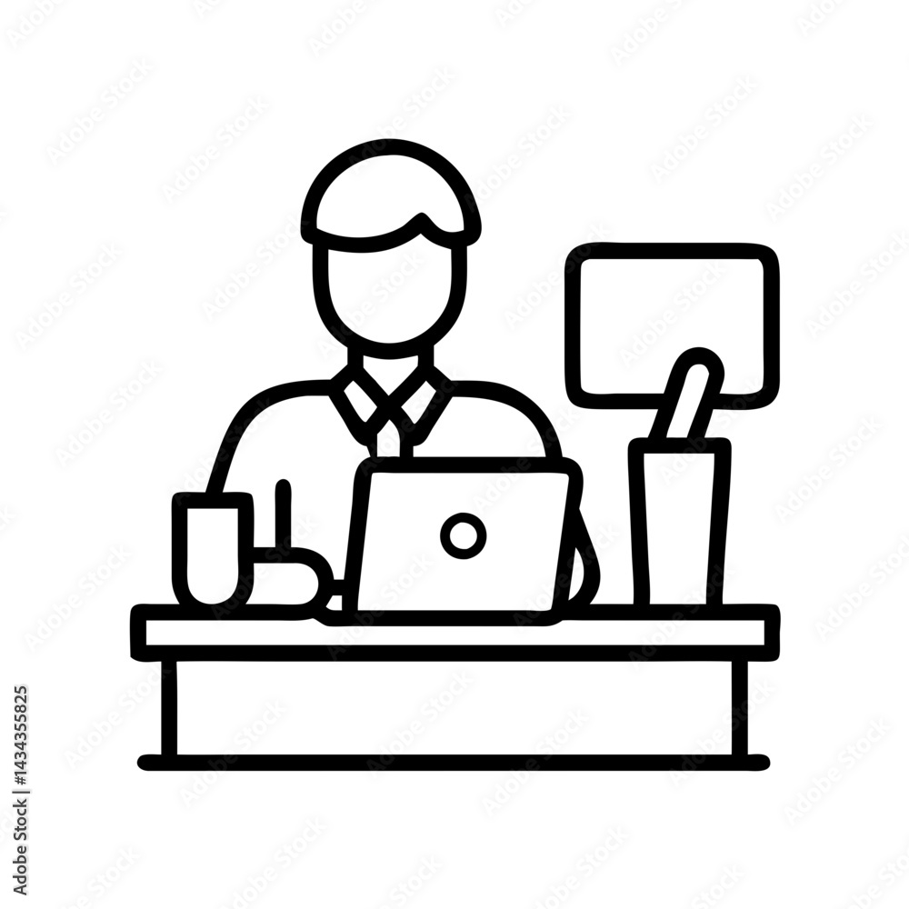 Illustration of man working on laptop at desk with monitor and coffee cup office workspace design Illustration of man working on laptop at desk with monitor and coffee cup office workspace design
