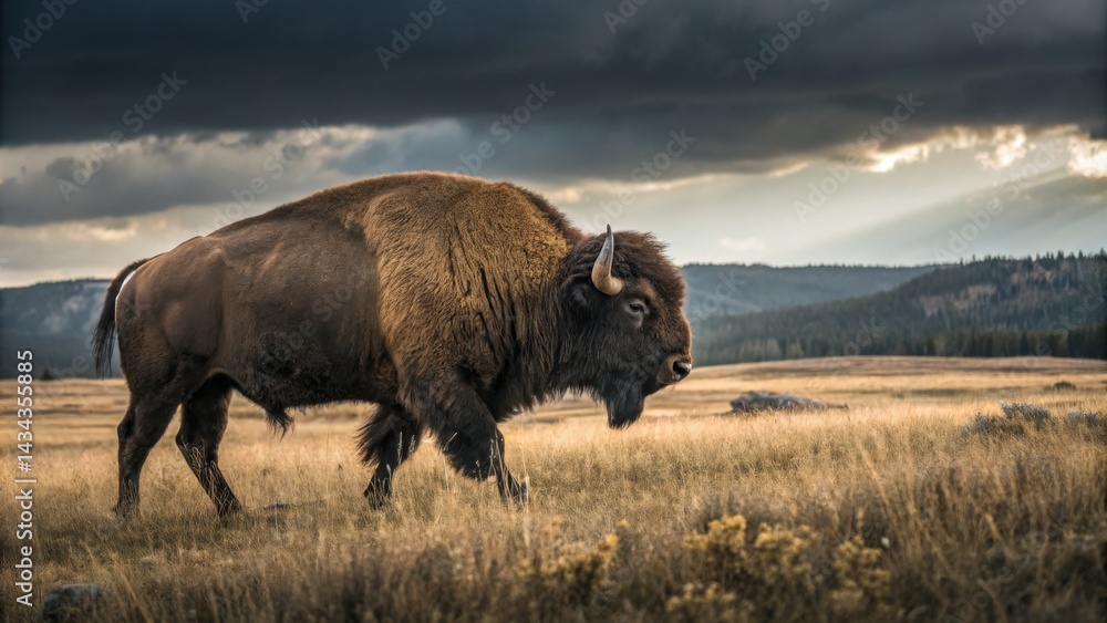 Bison strolls, a side view shot under dark sky, with crepuscular rays, bison,wildlife Bison strolls, a side view shot under dark sky, with crepuscular rays, bison,wildlife