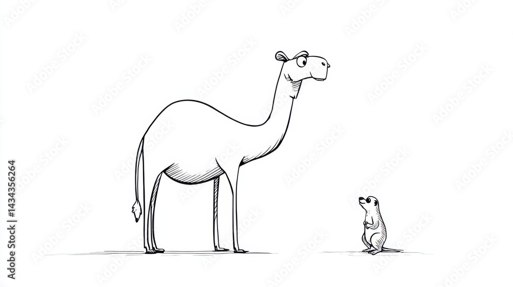 Fototapeta premium Humorous interaction between a camel and a meerkat in a simple line drawing style