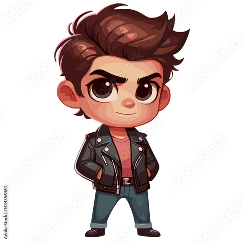 Cartoon boy with confident expression wearing leather jacket  on transparent background
