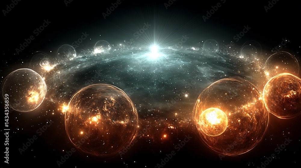 Obraz premium Image of multiple celestial orbs against a background of interstellar dust and starlight.