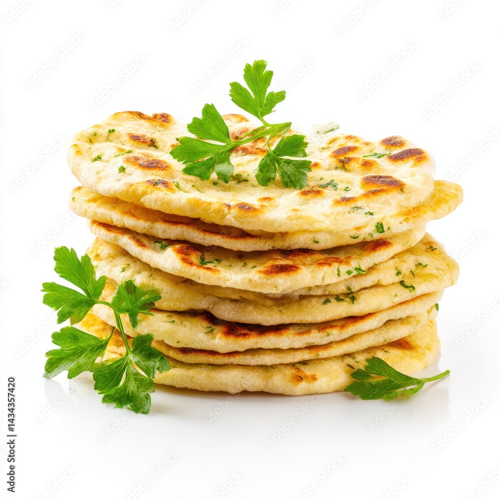 Stack of naan bread with parsley isolated on a white background. Stack of naan bread with parsley isolated on a white background.