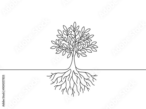 drawing of tree with leaves and big root. continuous one line sketch. vector illustration isolated on white background
