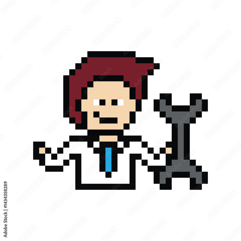 Obraz premium Cartoon cute pixel 8bit character engineer man fix problem improvement for decoration 8 bit male boy male engineer solve problem character game png vector.