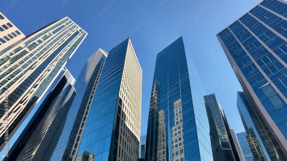 Tall modern skyscrapers reflecting sunlight against clear blue sky, concept of urban development and progress Tall modern skyscrapers reflecting sunlight against clear blue sky, concept of urban development and progress