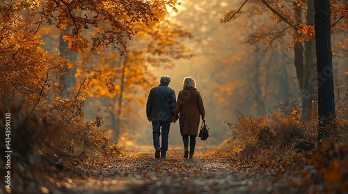 Fototapeta Naklejka Na Ścianę i Meble -  Couple autumn forest walk, golden sunlight, leaves
