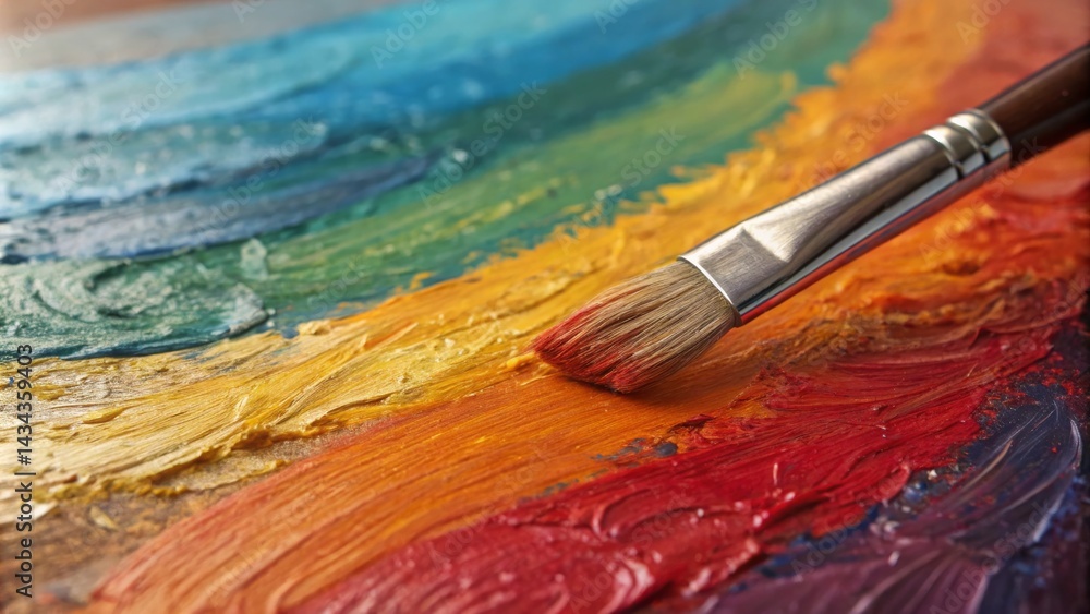 Fototapeta premium Close-up of brush over a palette of red, orange, yellow, green and blue strokes, Painting, Artist