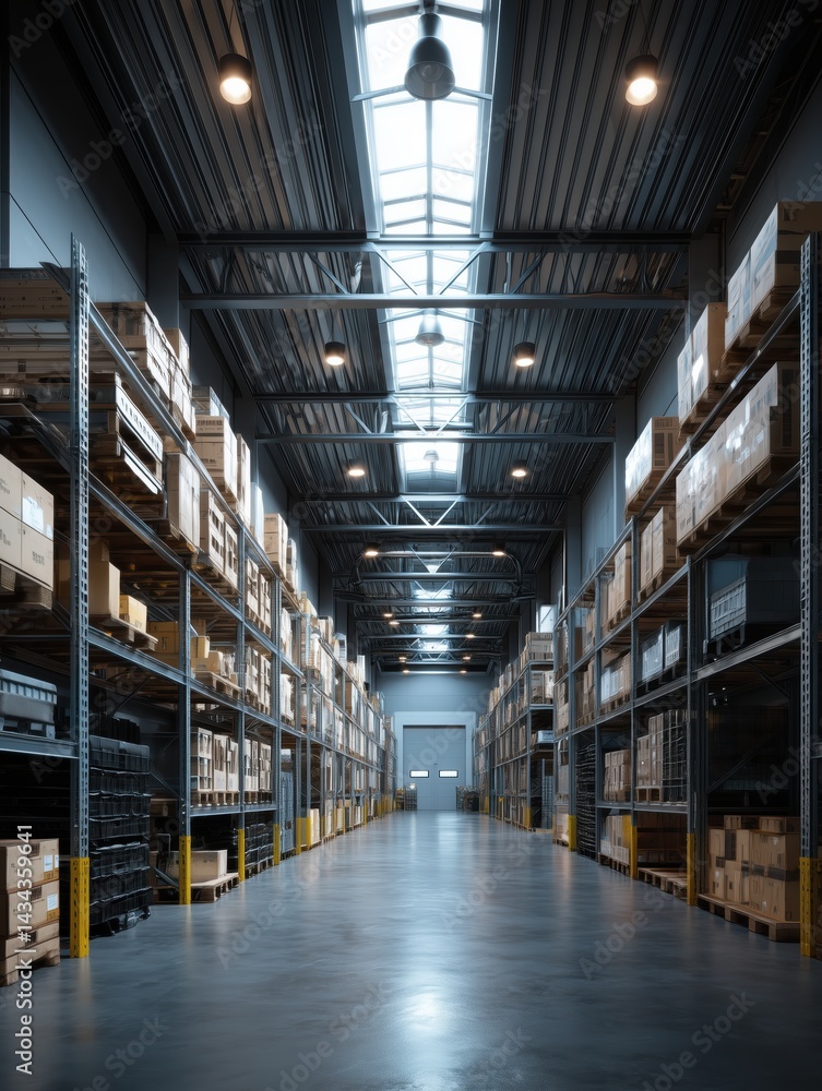 Fototapeta premium Minimalist warehouse design with wide central aisle