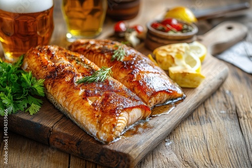 Wallpaper Mural Beer infused hot smoked sturgeon on wood backdrop Torontodigital.ca