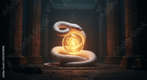Mystical glowing orb held by white snake in dark room
