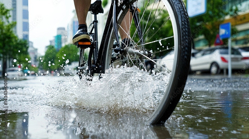 Naklejka premium A bicycle navigating through a flooded street with water splashing all around. 