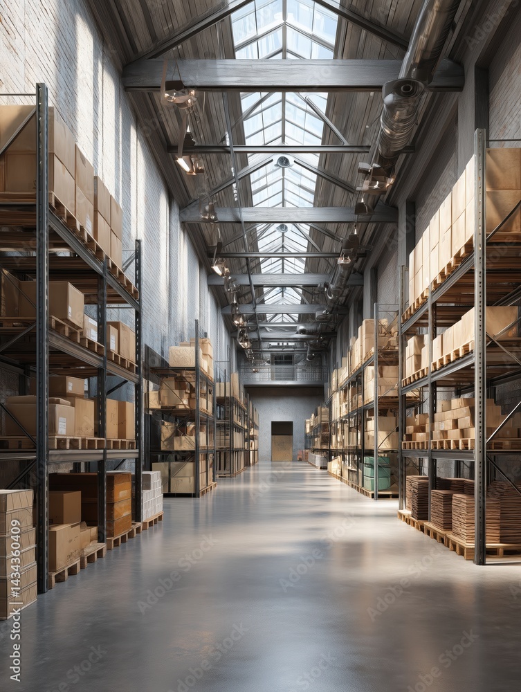 Interior view of modern logistics warehouse with boxes Interior view of modern logistics warehouse with boxes