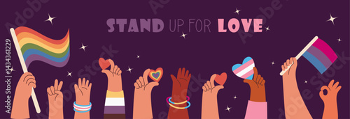 LGBTQ Diverse Hands Holding Rainbow Pride Flags and Hearts. LGBT community. Pride month. Holiday Horizontal banner on dark background with message Stand Up for Love. Vector illustration