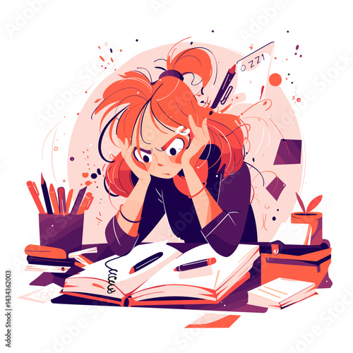 Frustrated girl overwhelmed with exam notes and books
