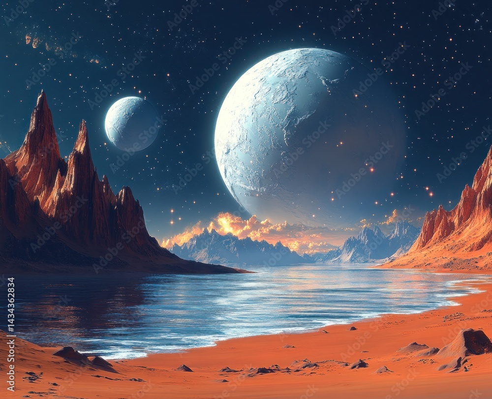 Fototapeta premium Vast, otherworldly landscape with celestial bodies.