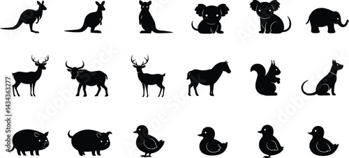 A black vector set features running animal silhouettes including wild wolf, farm cow, pet cat, and majestic horse illustrations AI Generative