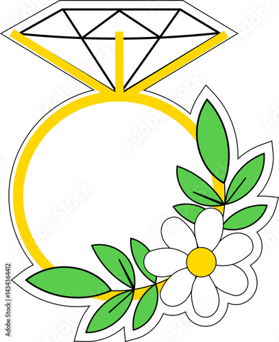 Simple diamond ring illustration, diamond ring in 3 prong setting with flowers, floral diamond ring drawing