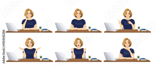 Beautiful business young blond woman using laptop computer sitting at desk in different poses. Isolated vector illustration set