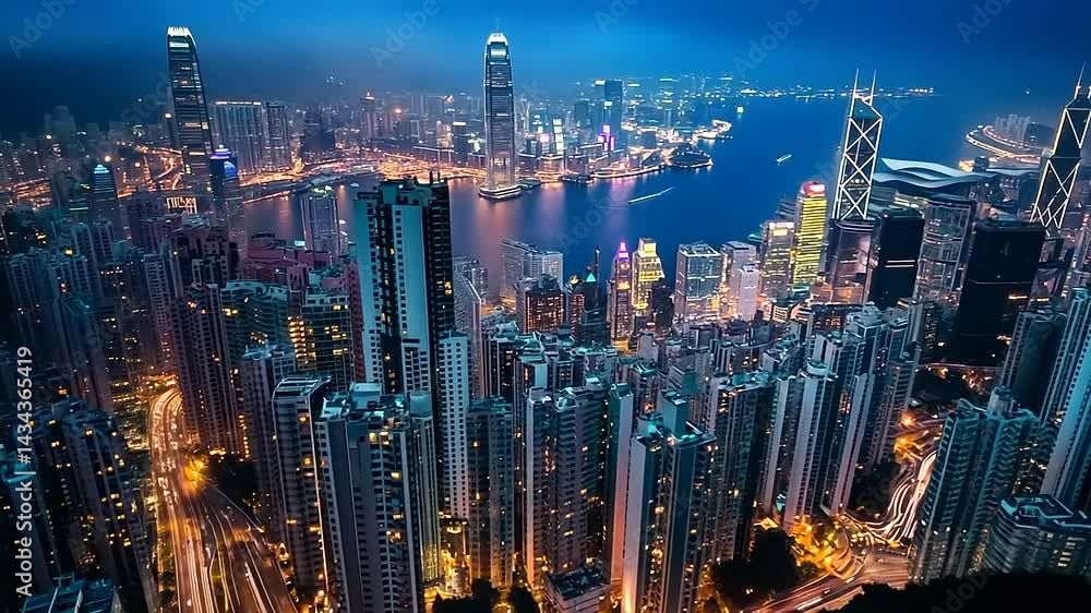 Spectacular Aerial View of Hong Kong's Skyline at Dusk Reflecting City Lights Spectacular Aerial View of Hong Kong's Skyline at Dusk Reflecting City Lights