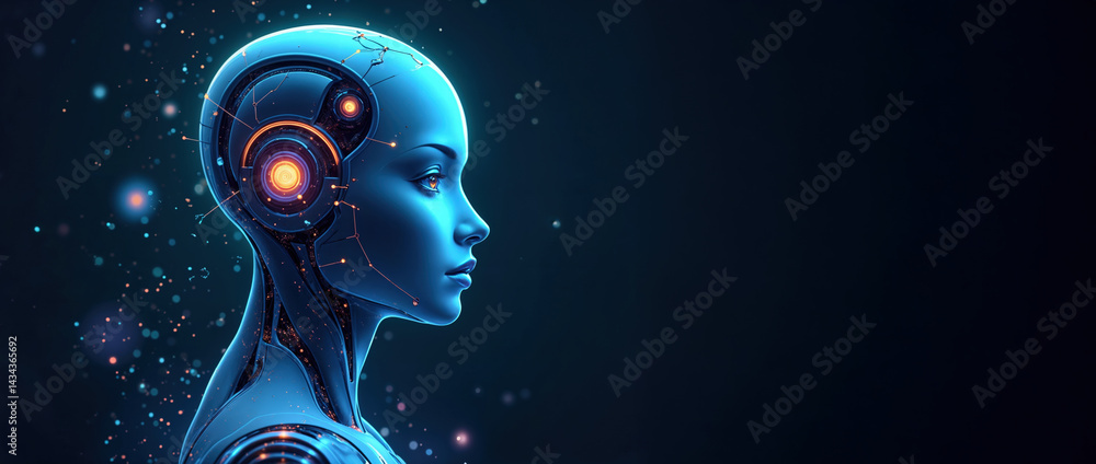 Obraz premium Futuristic android neon robot profile on dark background with glowing circuits, digital art style. Use for banners, AI blogs, banners, innovation advertising and sci-fi technology presentations.