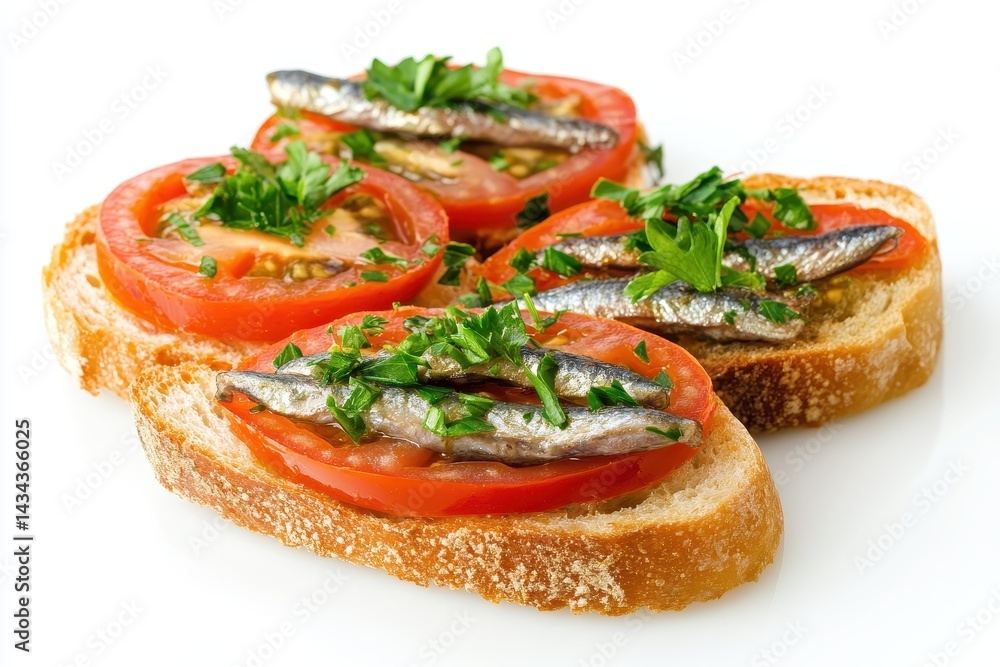 Bread topped with anchovy tomato and parsley tapas Bread topped with anchovy tomato and parsley tapas