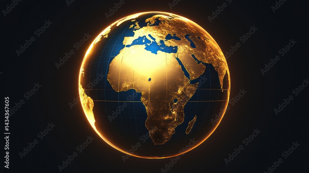 Fototapeta premium Golden Earth Globe, Night, Africa, Global, Connections, Background, Stock Photo