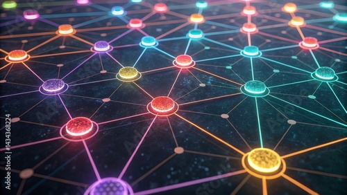 Glowing Node Network Interconnected Spheres on a Dark Background, connectivity ,technology