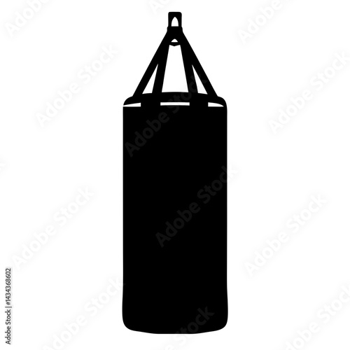 Silhouette of a black heavy punching baghanging from a ceiling with support straps on a transparent background