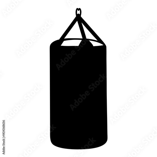 Black punching bag icon hanging,ready for boxing workout in a gym or home on a transparent background
