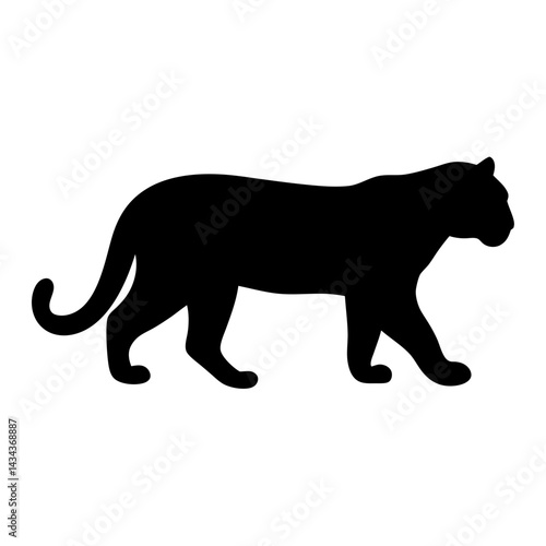 Silhouette of a walking feline,possibly a panther or jaguar, depicted in stark black against on a transparent background