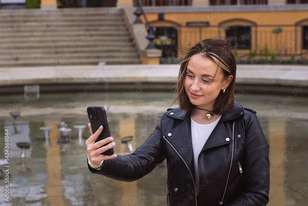 Girl taking a selfie on her phone, short brown hair cut and black leather jacket