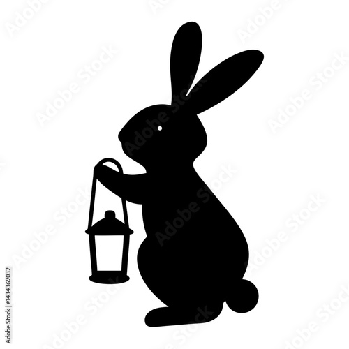 Silhouette of a rabbit standing with a lantern,against a , for spring holidays on a transparent background