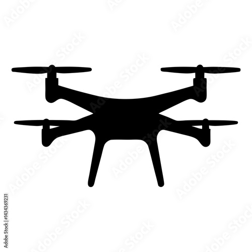 A Silhouette of a Quadcopter Drone with Four Rotors,Landing Gear, and Camera for Filming on a transparent background