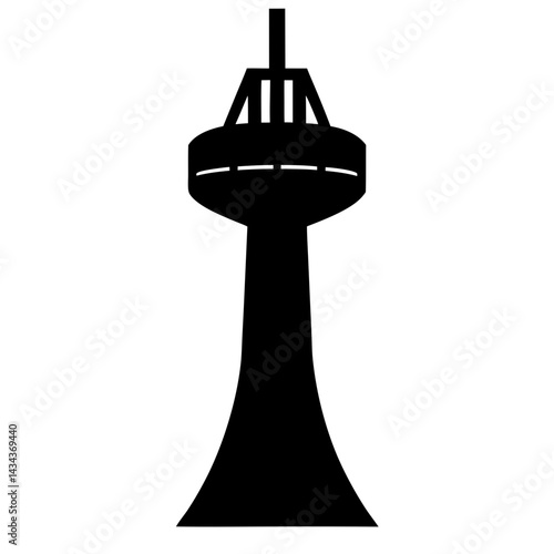 Black silhouette illustration of a modern observationtower with unique architectural design and observation deck on a transparent background