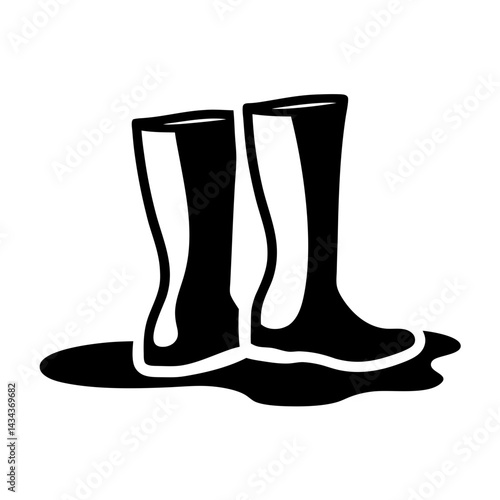 Monochrome illustration of rain boots standing in a puddle,perfect for springtime weather on a transparent background