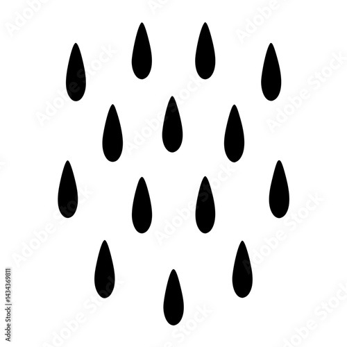 Black teardrops on backdrop forming a patterned array,representing water droplets or stylized rain on a transparent background