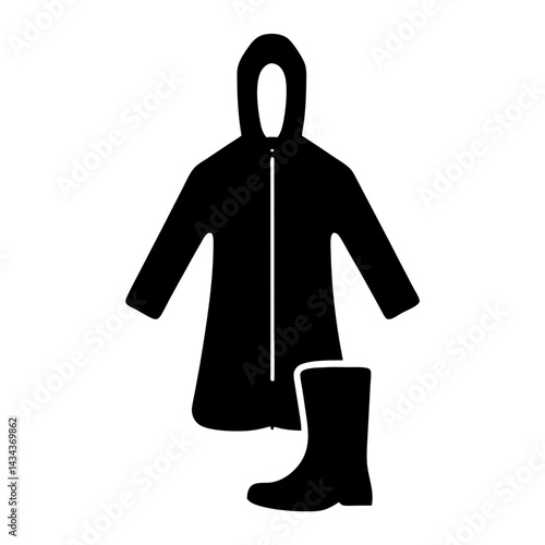 Rainy Day Gear A Black andSilhouette of a Raincoat and Rubber Boot on a transparent background