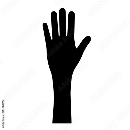 Stylized black silhouette of a human handraised with fingers spread apart on on a transparent background