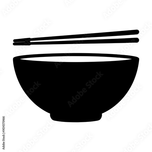 Asian Food Illustration with Bowl andChopsticks in Black and Minimalist Style on a transparent background