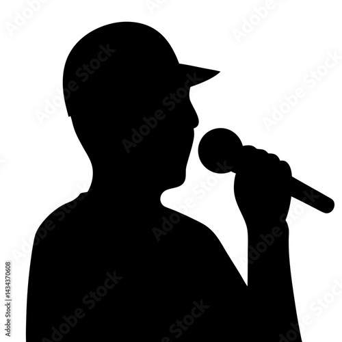 Silhouette of a person wearing cap holdinga microphone singing or speaking in public on a transparent background