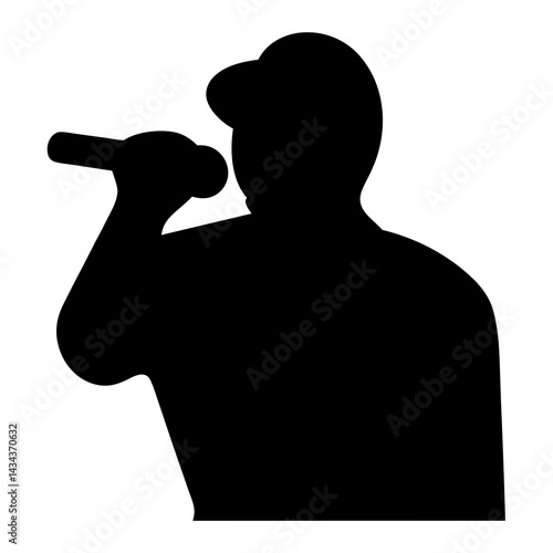 Silhouette of a singer with a microphonewearing a baseball cap in black against on a transparent background
