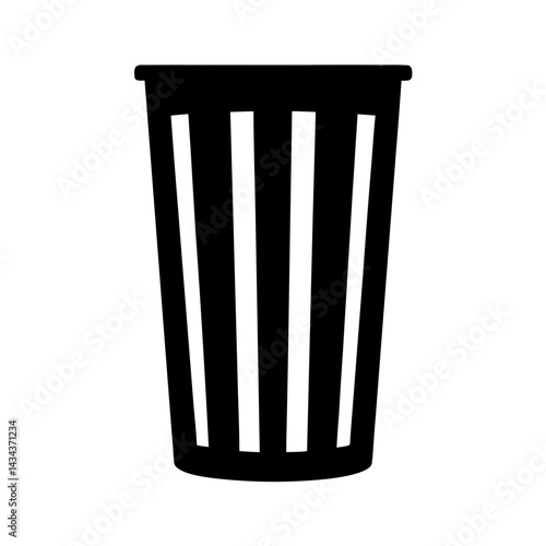 Minimalist black silhouette illustration of a trash can or wastepaper basket,simple and clean style on a transparent background