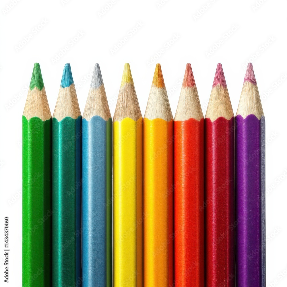 Colorful set of eight sharpened pencils arranged in a vibrant row against a white background Colorful set of eight sharpened pencils arranged in a vibrant row against a white background