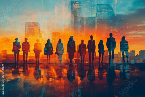 Businesspeople, cityscape and glowing horizon
