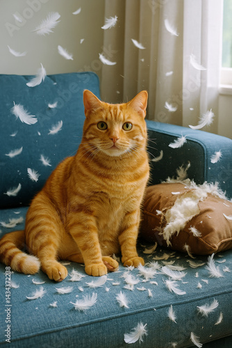 Mischievous ginger cat sitting next to destroyed pillow with feathers flying – Generative AI