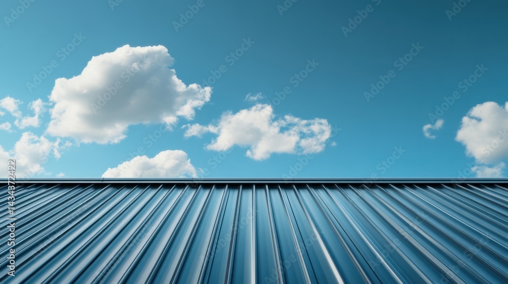 Bright blue sky with fluffy clouds above a sleek metallic rooftop during the daytime Bright blue sky with fluffy clouds above a sleek metallic rooftop during the daytime